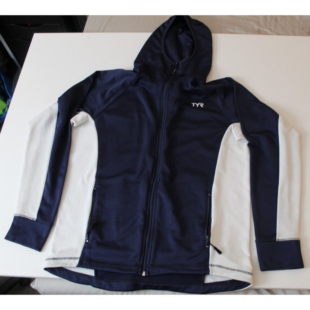 TYR Mens XL Navy Blue White Full Zip Hoodie Sweatshirt Athletic Performance